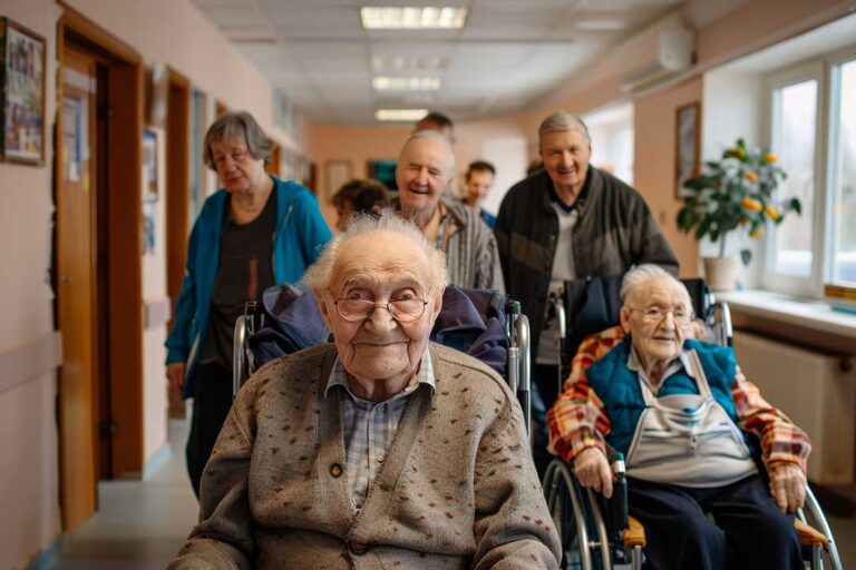 Older adults perform seated and standing exercises with light resistance bands in a bright assisted living room.
